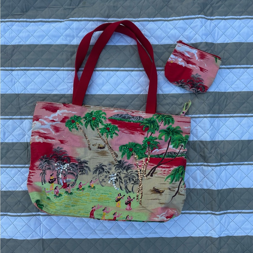 Tropical Print Tote Bag with Pouch - Red and Green